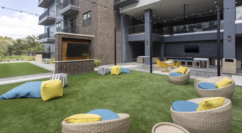 a backyard with a fireplace