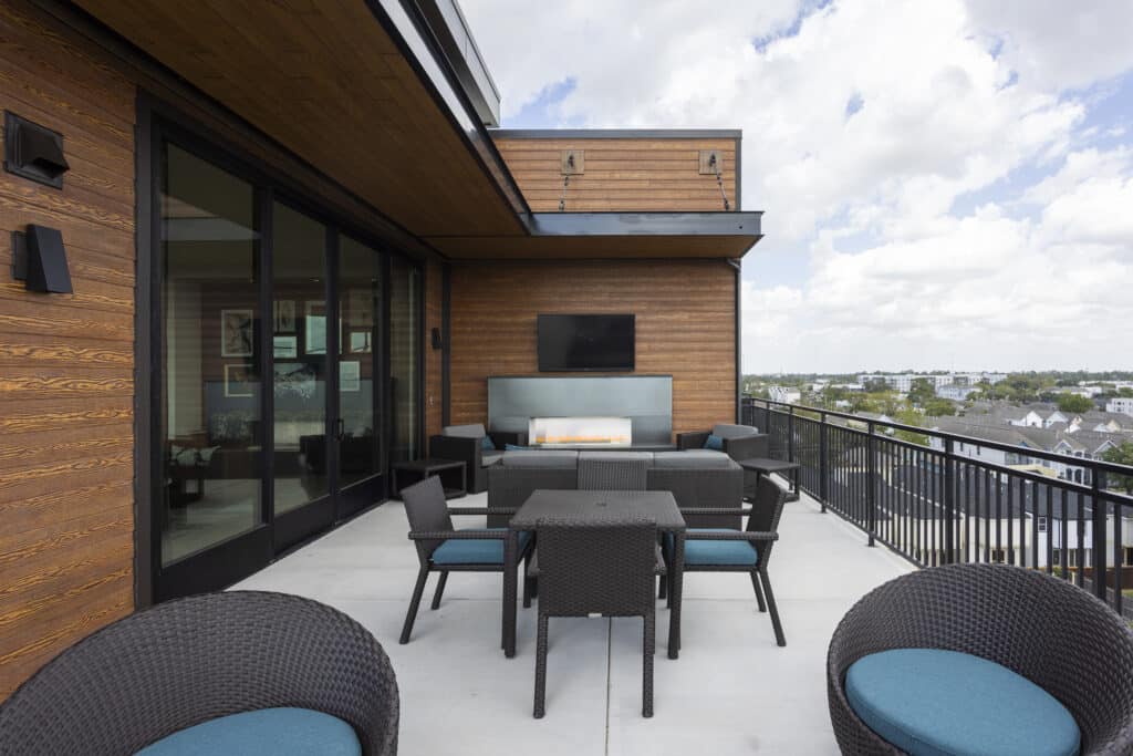 patio on the fifth floor overlooking downtown Houston at Broadstone Emeline Heights in Houston, Texas